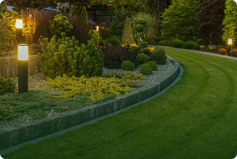 Landscaped garden with pathway lighting
