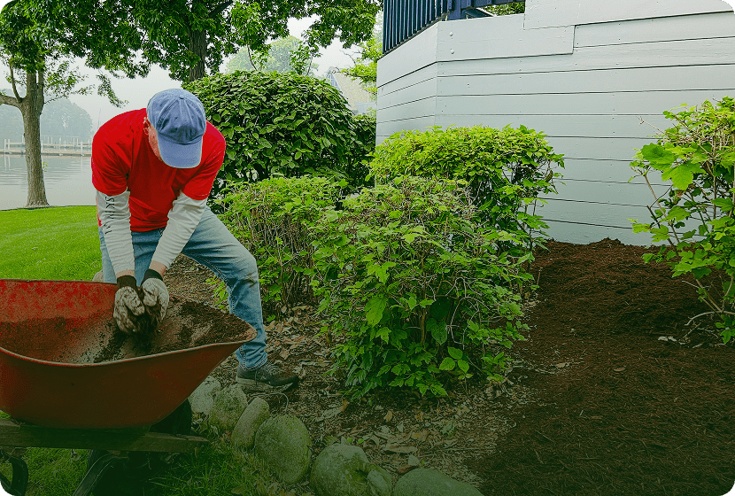 Man landscaping garden near hedge and house